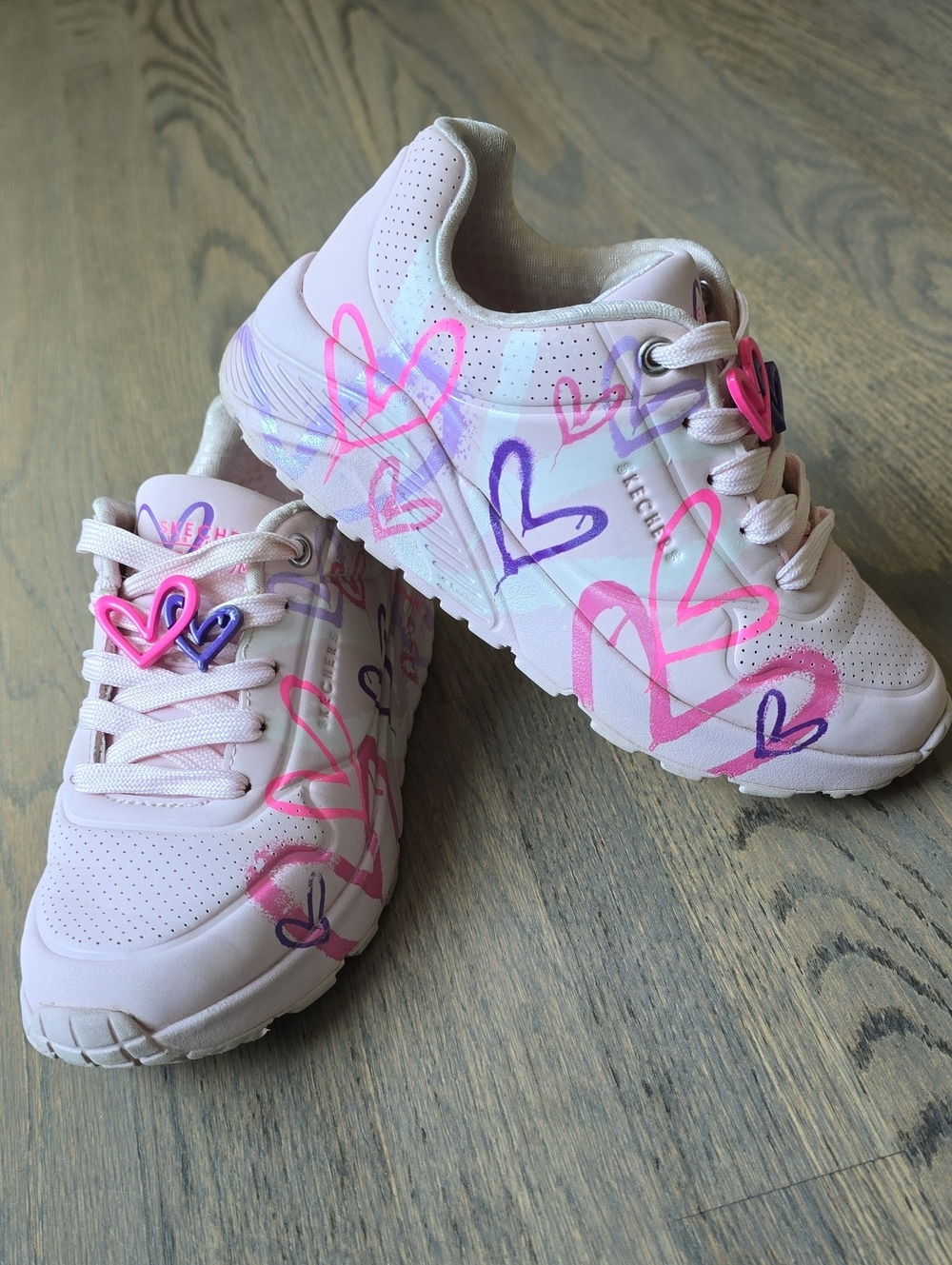 Skechers Light Pink Sneakers with Purple & Hot Pink Heart Accents